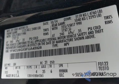 2015 Ford Escape Se from USA, damaged, VIN 1FMCU9GX9FUA45928